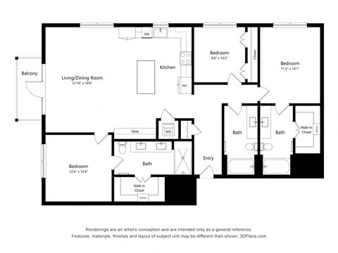 Floor plan for 3 beds, 3 baths, 1554 sqft